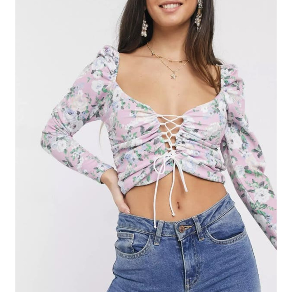 ASOS DESIGN Long Sleeve Crop Top Lace‎ Up Front in Pink Floral Print, Size 8